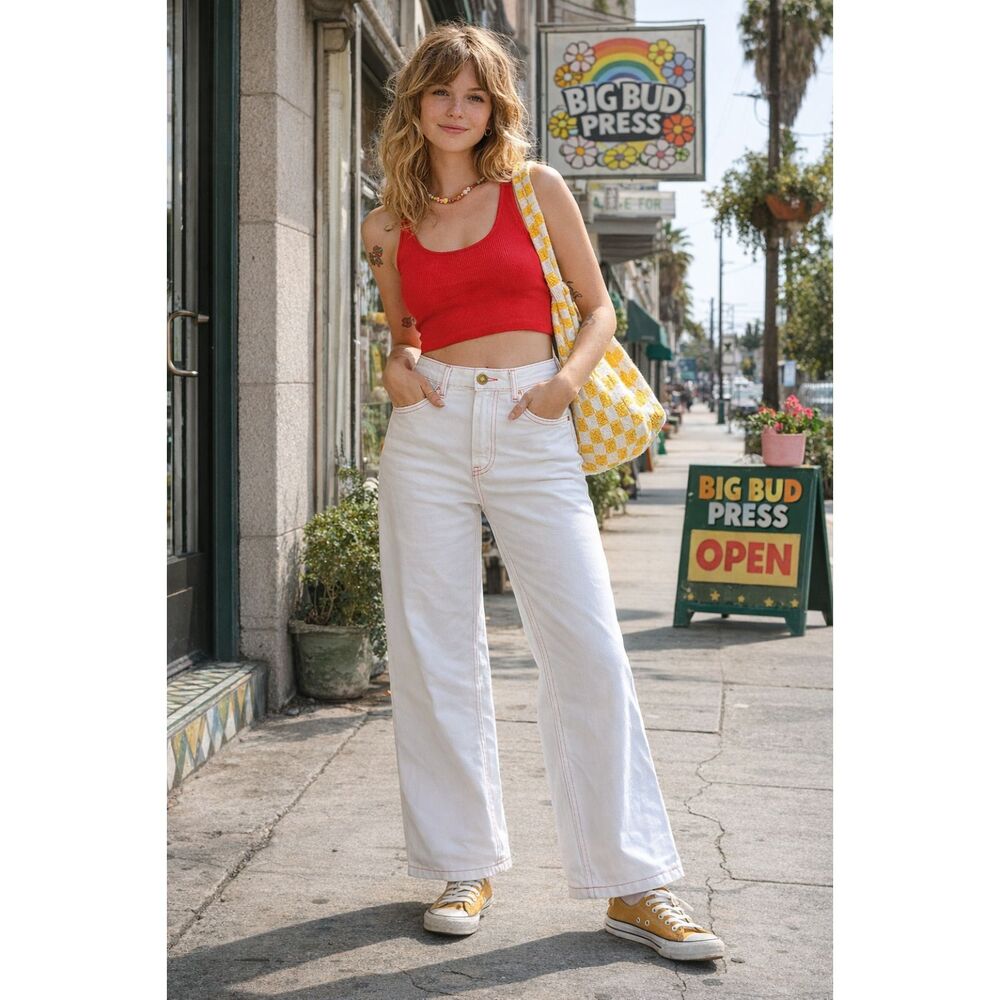 BIG BUD PRESS White Red Stitch Wide Leg Denim Jeans Pants   Women's Size 27
